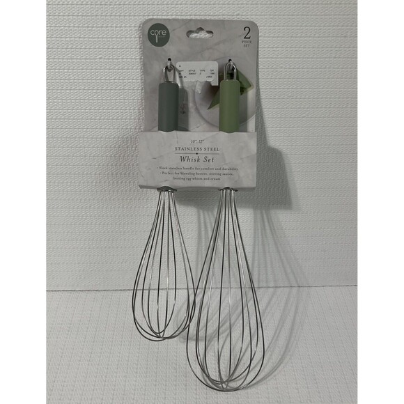 Core Kitchen Balloon Whisk Set of 2 Stainless Steel 10" and 12" Green Hangable - Picture 8 of 12